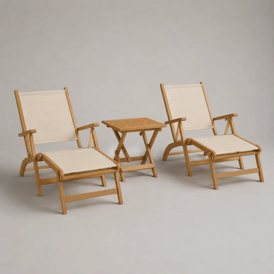 Set da giardino in legno massello con 2 lettini prendisole reclinabili beige e tavolino, lettini 167 x 60 x 89 cm, tavolino 45 x 45 x 45 cm