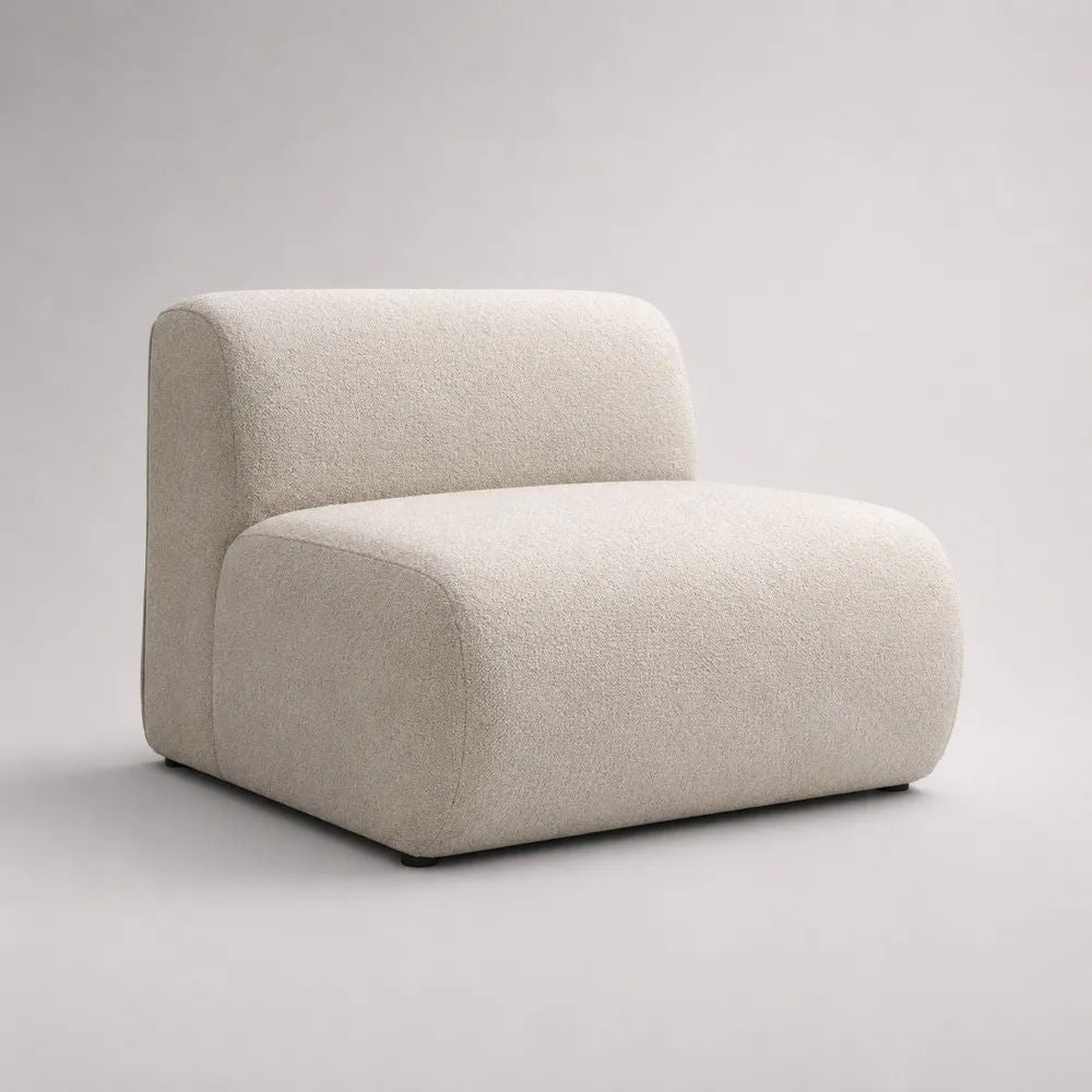 Poltrona lounge senza braccioli in tessuto bouclé avorio, profilo arrotondato, 90 × 86 × 75 cm