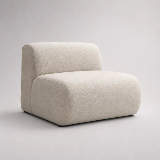 Poltrona lounge senza braccioli in tessuto bouclé avorio, profilo arrotondato, 90 × 86 × 75 cm