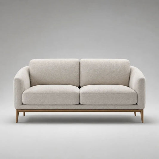 Divano rettangolare 2 posti in bouclé di poliestere e legno massello, Crema/Marrone chiaro, 180 x 86 x 82 cm