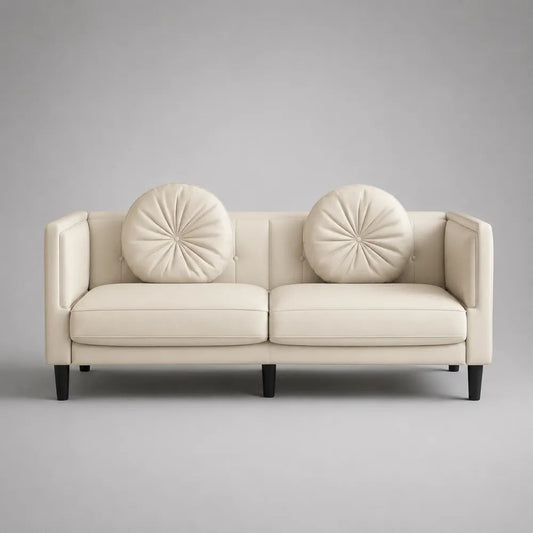 Divano lineare 3 posti in pelle sintetica PU avorio con 2 cuscini rotondi, 190 x 82 x 85 cm