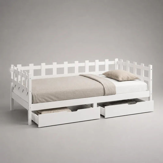 Letto divano singolo per bambini 90 x 200 cm in pino massello bianco con sponde e 2 cassetti