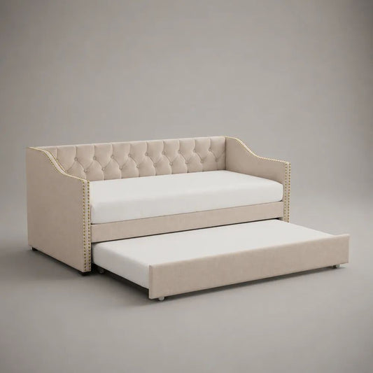 Divano letto estraibile a 2 posti in velluto beige con capitonné, 2 materassi da 90 x 190 x 10 cm, 212 x 100 x 91 cm