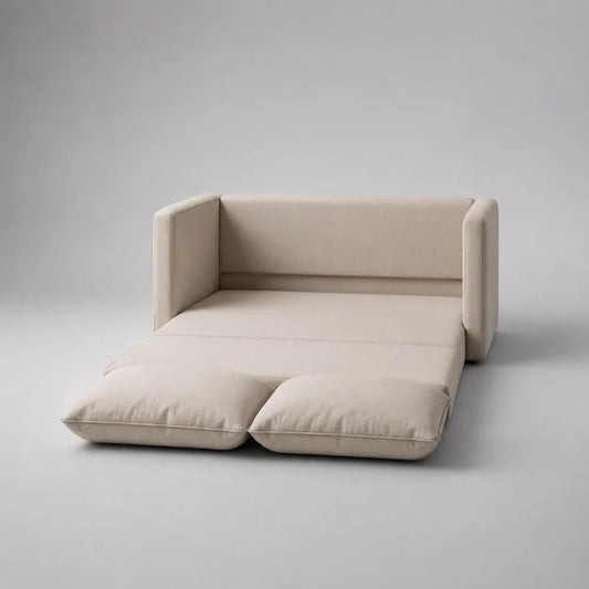 Divano letto 2 posti pieghevole in ciniglia beige chiaro, 155 × 88 × 76 cm, aperto 155 × 190 × 76 cm